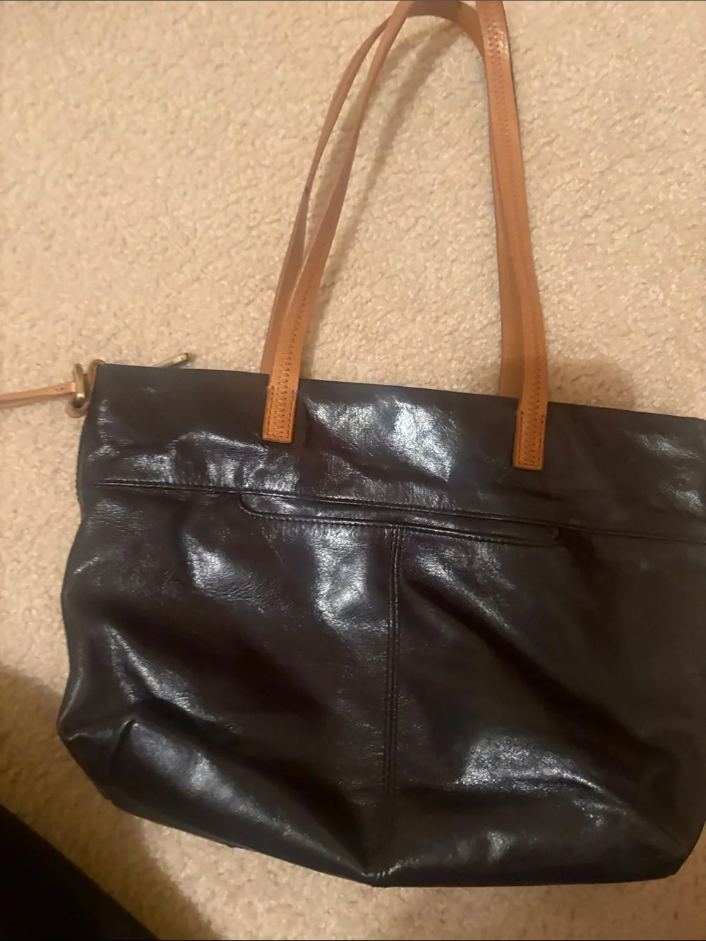 Hobo Black Leather Tote Bag with Tan Shoulder Straps
